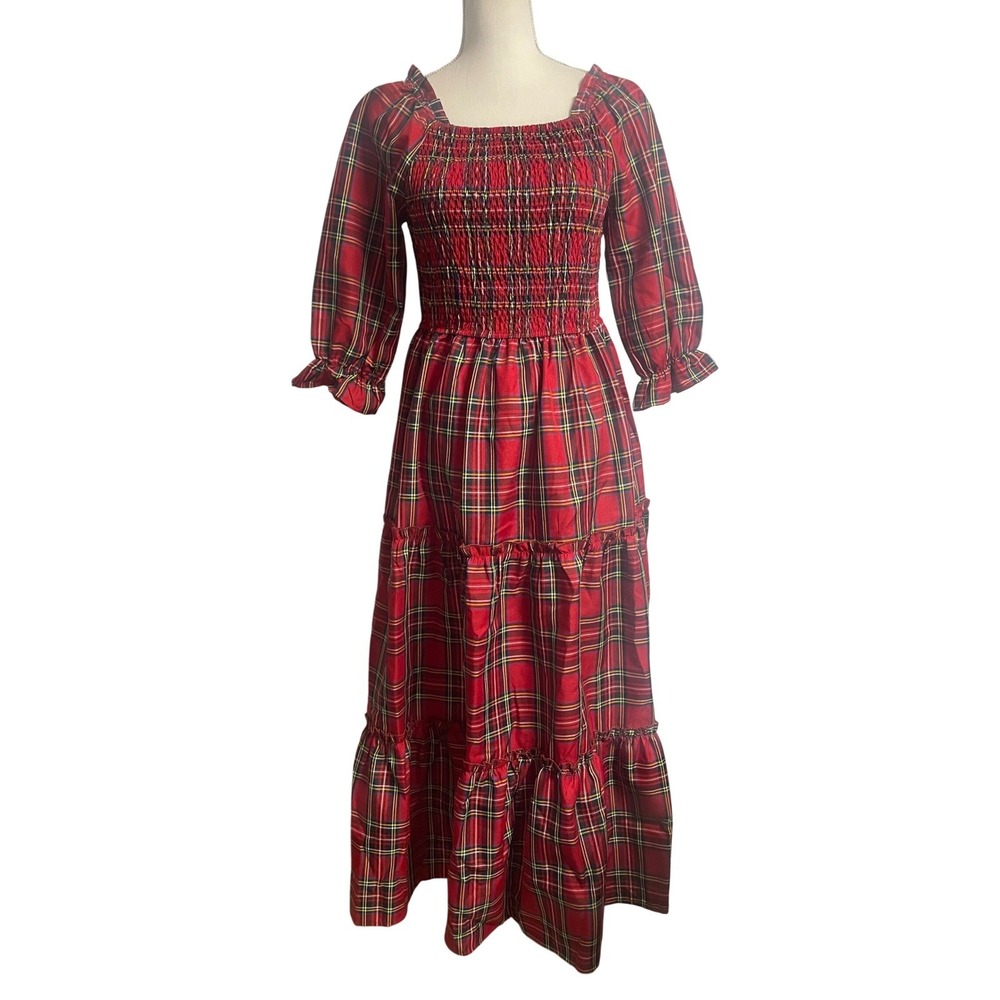 Petallush Holiday Red Plaid 3/4 Sleeve Smocked Tiered Maxi Dress Women's Small